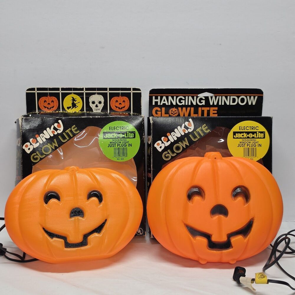 2 Vintage Blinky Glow Lite Electric Blow Mold Pumpkin Halloween Jack-O-Lantern